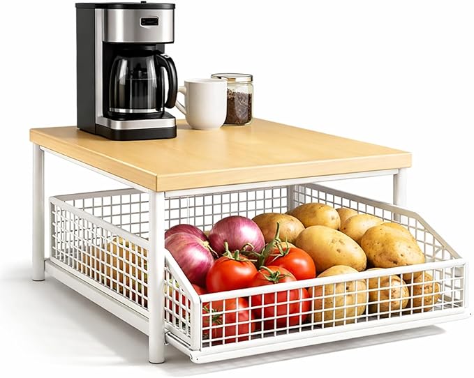Kitchen Countertop Organizer with Drawer & Wire Basket, 3-Layer Fruit Storage Basket Snack Rack Hardwood, Desktop Pull-Out Metal Organizers for Coffee Maker Microwave Toaster & Spices (2-Layer White)