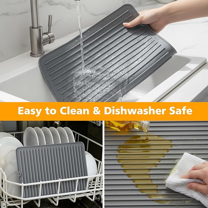 Songrey 28" x 18" Silicone Dish Drying Mat, Kitchen Counter Drying Pad for Sink Dishes or Under Rack, Multi-Use as Heat Resistant Trivet, Coffee Bar Mat