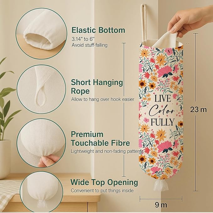 Plastic Bag Holder, Live Color Fully Plastic Bag Holder for Kitchen Essentials, Bags Holders for Plastics Bags Groceries Store, Floral Reusable Trash Sack Storage Dispenser to Home Kitchen Decor