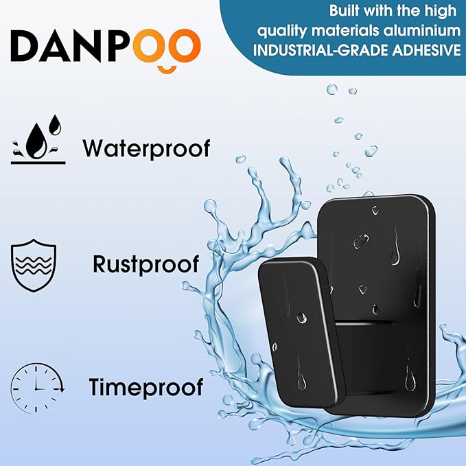 Danpoo Heavy Duty Self Adhesive Hooks - No Drill Wall Hooks for Bathroom, Kitchen, & Home Organization, Waterproof Aluminum Hook (3-Pack, Black)