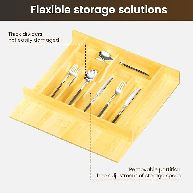 Silverware Drawer Organizer Wood with Adjustable Partition for Kitchen Utensil Cutlery Flatware Cabinet Storage Compartment Tray Insert with Dividers (19.2" W x 19.5" D x 2.5" H)