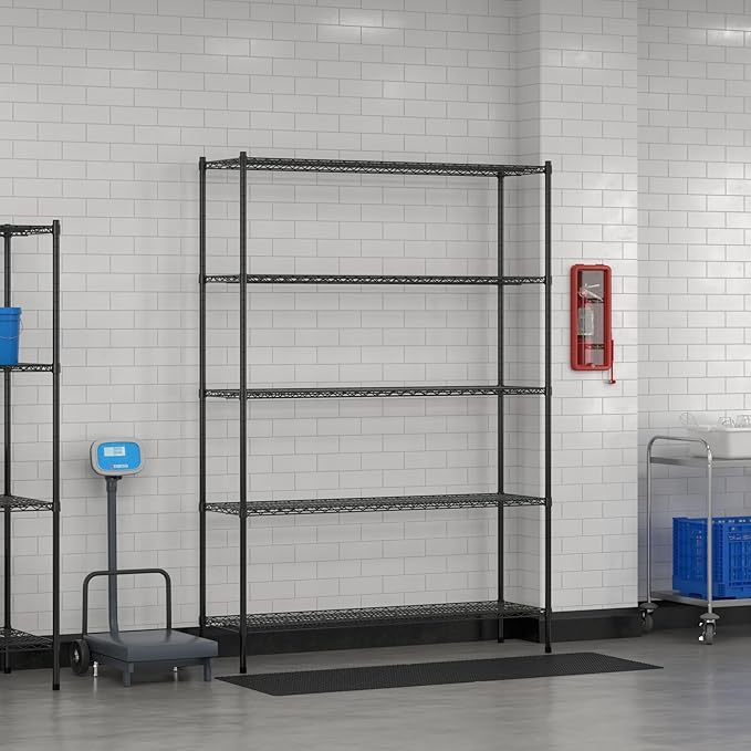Commercial NSF Listed Black Epoxy Stationary Wire Shelving Kit 18" x 60" x 86", with 5 Shelves Perfect for Warehouse, Walk-in Refrigerator, Freezer, Grocery Store, Restaurant, Dishroom