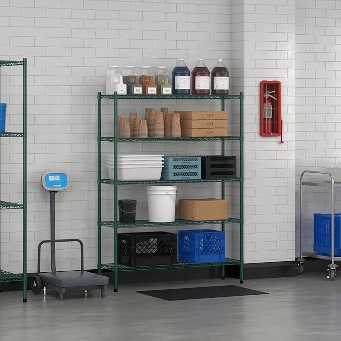 Commercial NSF Listed Green Epoxy Stationary Wire Shelving Kit 14" x 48" x 64", with 5 Shelves Perfect for Warehouse, Walk-in Refrigerator, Freezer, Grocery Store, Restaurant, Dishroom