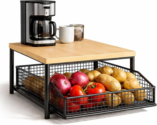Kitchen Countertop Organizer with Drawer & Wire Basket, 3-Layer Fruit Storage Basket Snack Rack Hardwood, Desktop Pull-Out Metal Organizers for Coffee Maker Microwave Toaster & Spices (2-Layer Black)