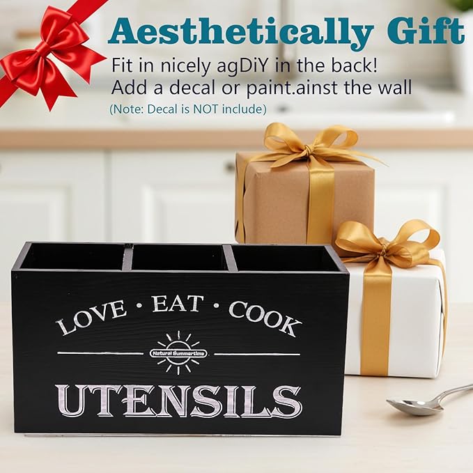 2 PC Wooden Utensil Holder,（With 4-Compartments size*1 + 3-Compartments size*1） Extra Large Kitchen Counter,Cooking Spatula Organizer,Farmhouse Decor, Rustic Cooking Utensil
