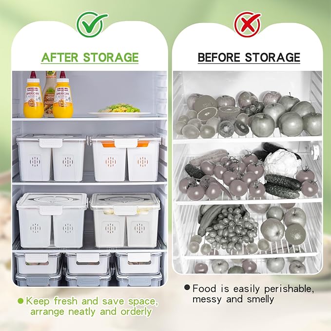 NEWGDN Stackable Refrigerator Organizer Bins with Lids, 4-Compartment Fridge Storage Container with Colanders & Handles, Clear Airtight Food Saver for Fruit, Vegetables & Berries