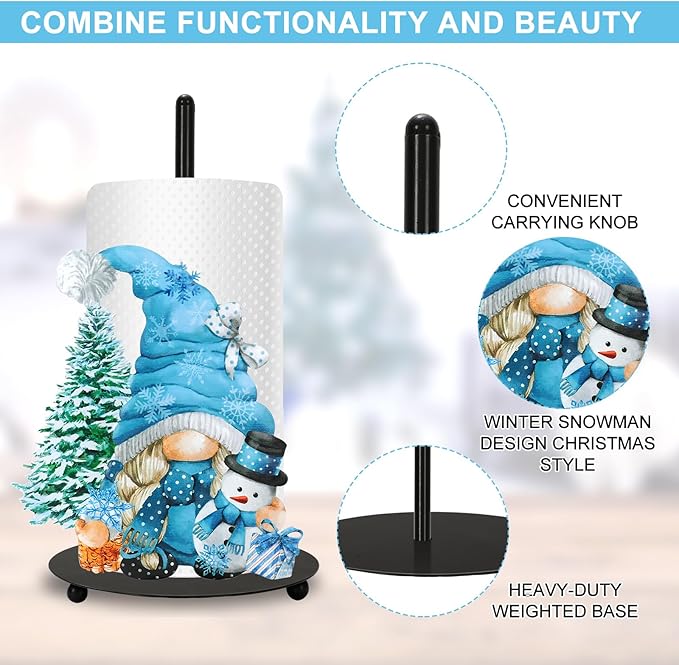 JarThenaAMCS Christmas Tree Paper Towel Holder Winter Gnome Snowman Kitchen Decor Blue Accessories Large Metal Towel Holder Stand for Xmas Home Bathroom Countertop