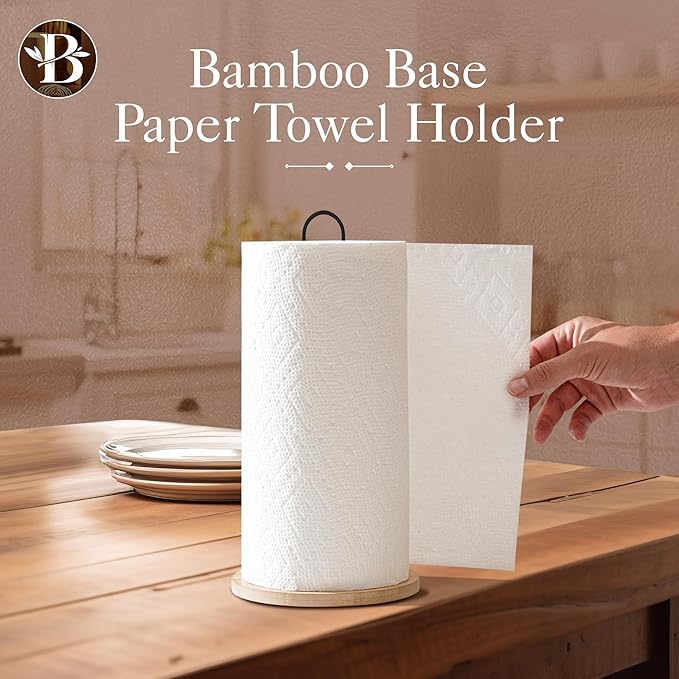 Wooden Paper Towel Holder Countertop – Bambüsi Freestanding Kitchen Paper Towel Stand with Non-Slip Base, Easy Install Durable Modern Farmhouse Decor, Fits Standard & Large Rolls for Kitchen, Bathroom