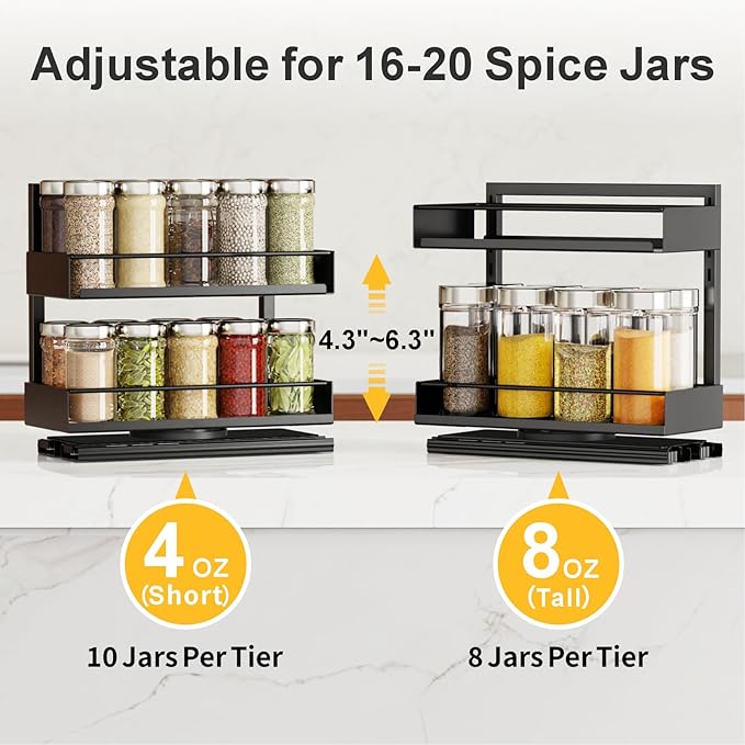 iSPECLE Spice Rack Organizer for Cabinet - 1 Pack Rotate Pull Out Spice Racks for Easy Access, Adjust Height to Fit 4 oz to 8 oz Spice Jars, Peel and Stick, 10.2" D for Inside Cabinet