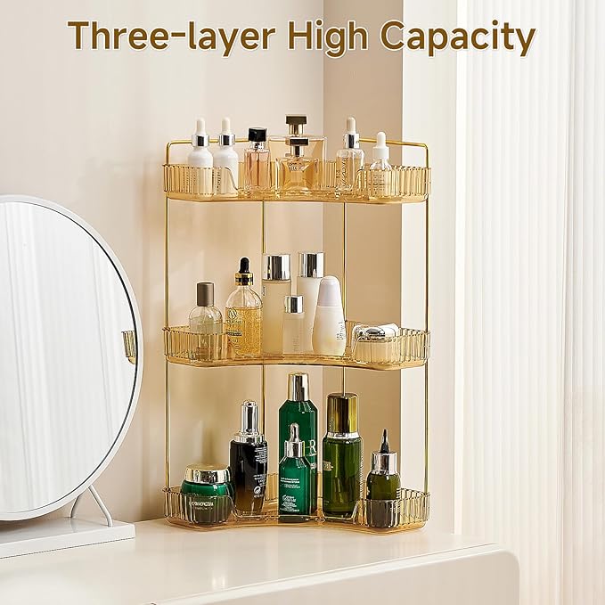 3-Tier Corner Bathroom Counter Organizer, Plastic Countertop Makeup Organizer, Large Capacity Vanity Bathroom Perfume Shelf Rack for Kitchen Office Desktop (Amber)
