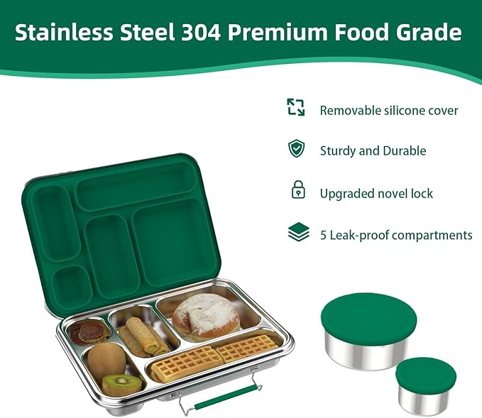 Stainless Steel Bento Box for Adults, 5-Compartments Leak-Resistant Stainless Steel Lunch Container with 2 Container, Dishwasher-Safe,Design for Office Picnics and Travel,BPA-Free Green