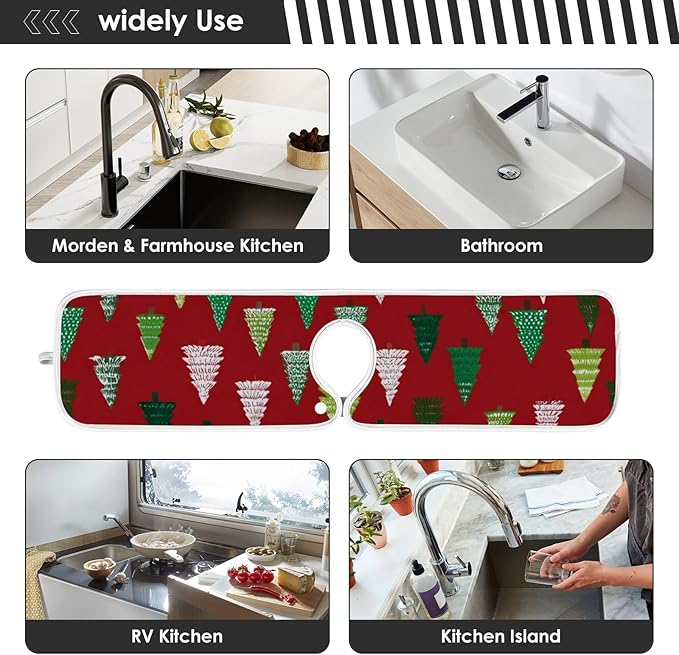 2 PCS Kitchen Sink Splash Guard 30 Inch Faucet Mat for Kitchen Sink Bathroom Sink Faucet Absorbing Drip Drain Mat Pad Microfiber Soft Washable Christmas Winter Trees