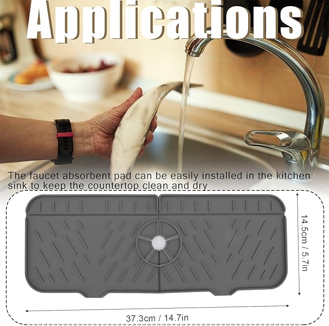 14.7 x 5.7in Silicone Sink Splash Guard Dry Gray Faucet Absorbent Mat Washable and Reusable Sink Accessory For Kitchen Countertops and Bathroom Sinks