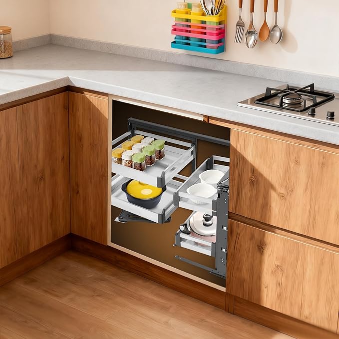 2 Tier Pull-Out Corner Organizer, Blind Corner Cabinet with 4 Shelves, Steel Slide Out Cabinet Organizer Shelf for 15" Right Opening Door, Deep Corner Narrow Blind Cabinet for Kitchen
