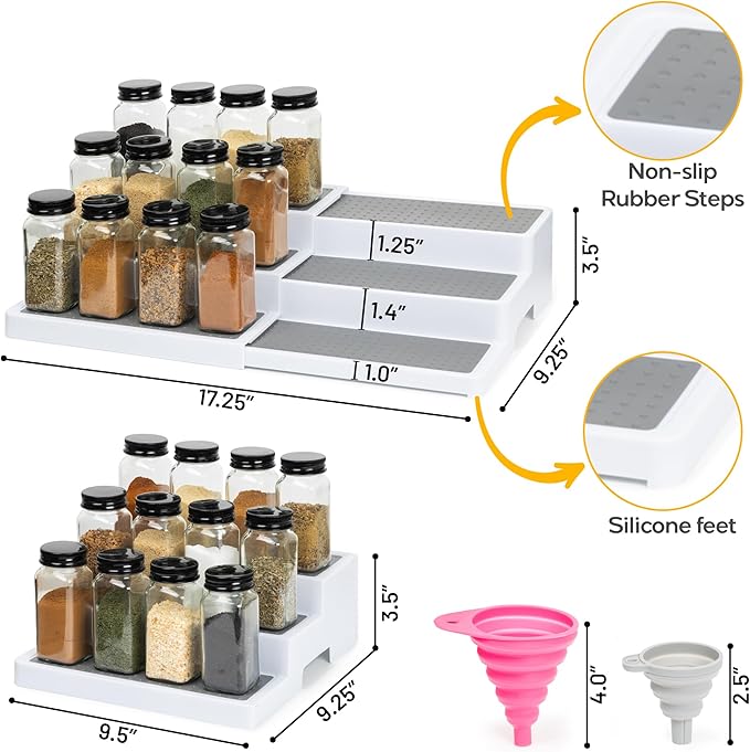 Pack of 1, Expandable 3 Tiered Spice Rack Organizer for Cabinet and Kitchen Pantry Shelf - Non-Slip Shelves for Spices, Seasoning, Canned Food, Medicine Cabinet Organizer - Includes Silicone Funnels
