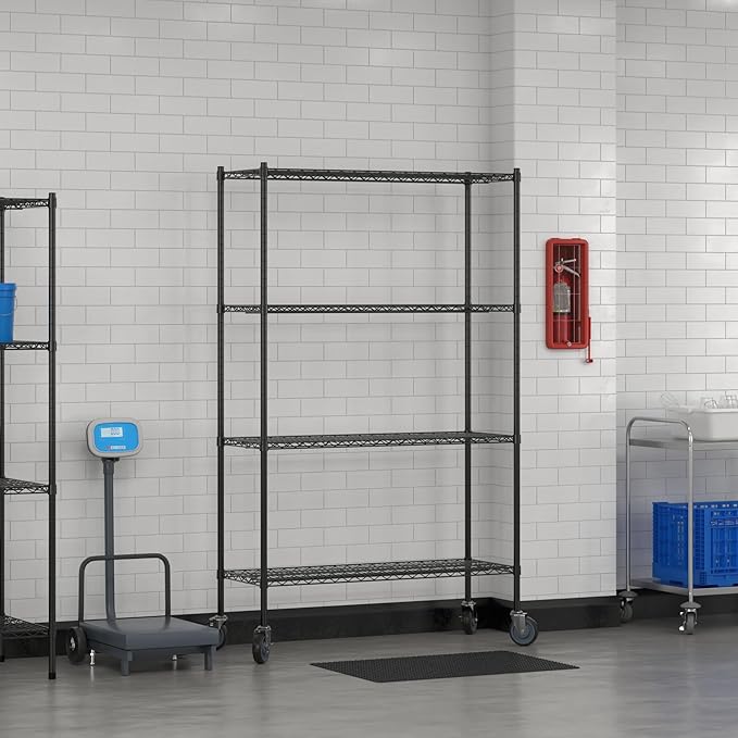 Commercial NSF Listed Black Epoxy Mobile Wire Shelving Kit 18" x 48" x 80", with 4 Shelves Perfect for Warehouse, Walk-in Refrigerator, Freezer, Grocery Store, Restaurant, Dishroom