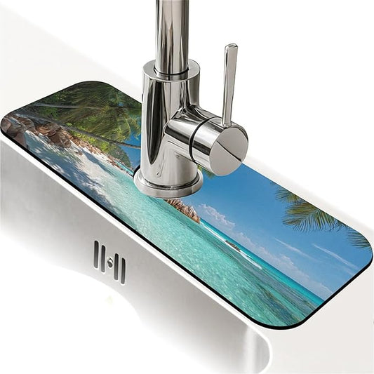 Kitchen Sink Splash Guard，Beautiful beach Faucet Mat Sink Gadgets-Super Absorbent Fast Drying Mat Drip Catcher for Kitchen, Bathroom,Sink Mat, Dish Drying Mat, Bathroom(15" X 5.5" )
