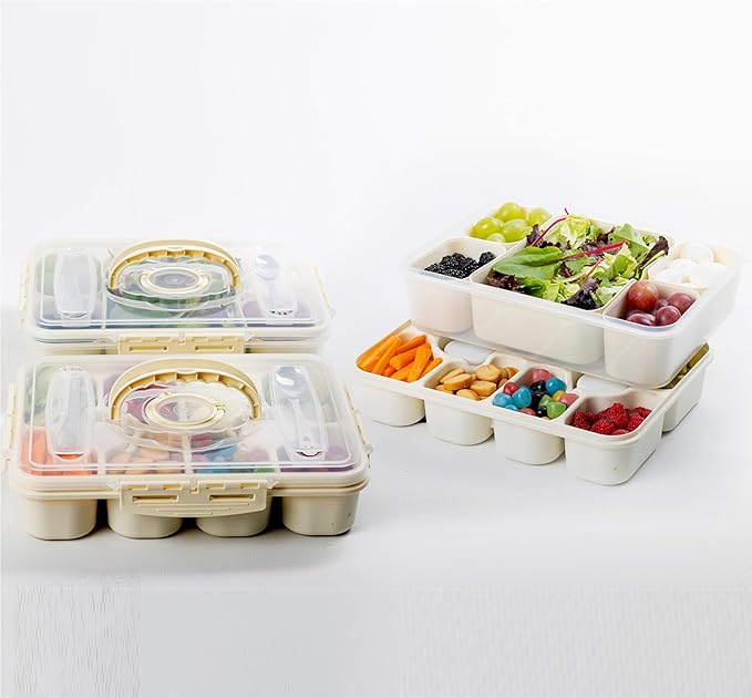 Snackle Box Container with Multi Compartments & Rotary Date Dial - Divided Serving Tray with Lid & Handle -Snack Organizer for Travel, veggies, Nut, fruit, Picnic & party - Dishwasher &Microwave safe