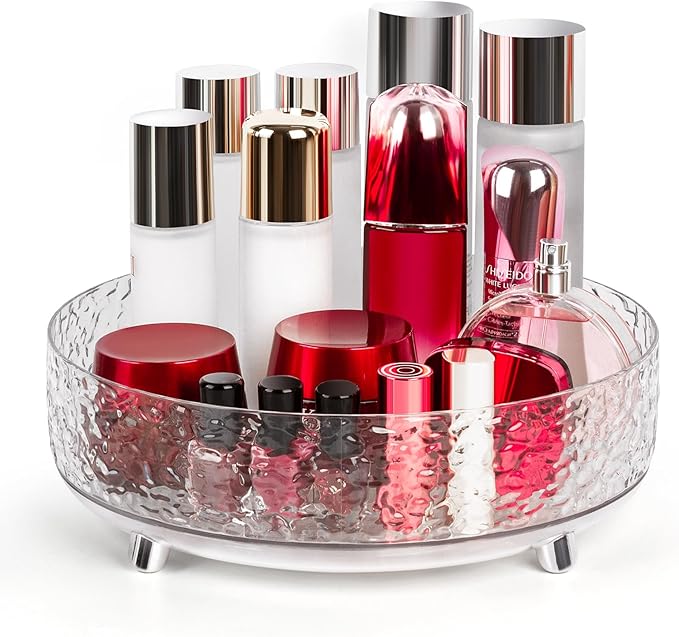 360° Rotating Makeup Organizer, 11'' Lazy Susan Perfume Organizer Tray, Spinning Skincare Cosmetics Storage Organizer for Vanity, Dresser and Bathroom Countertop (Clear)