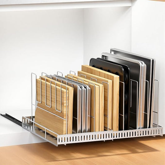 Housolution Pull Out Stainless Steel Baking Tray and Cookie Sheet Organizer, 13"-22" Width Expandable Cutting Board Holder with 8 Adjustable Dividers, 20" Deep Bakeware Rack for Cabinet, Silver
