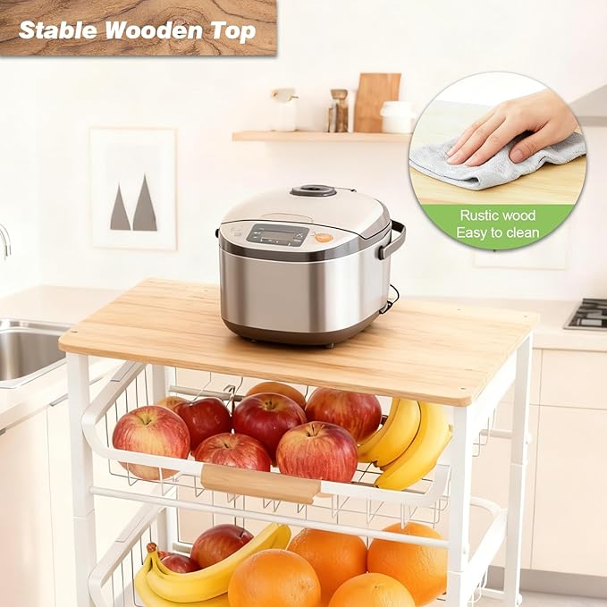 4-Tier Fruit Basket for Kitchen Counter Utility Organizer Carts on Wheels&Wood Top with Storage, Rolling Kitchen Cart for Pantry, Living Room (White)