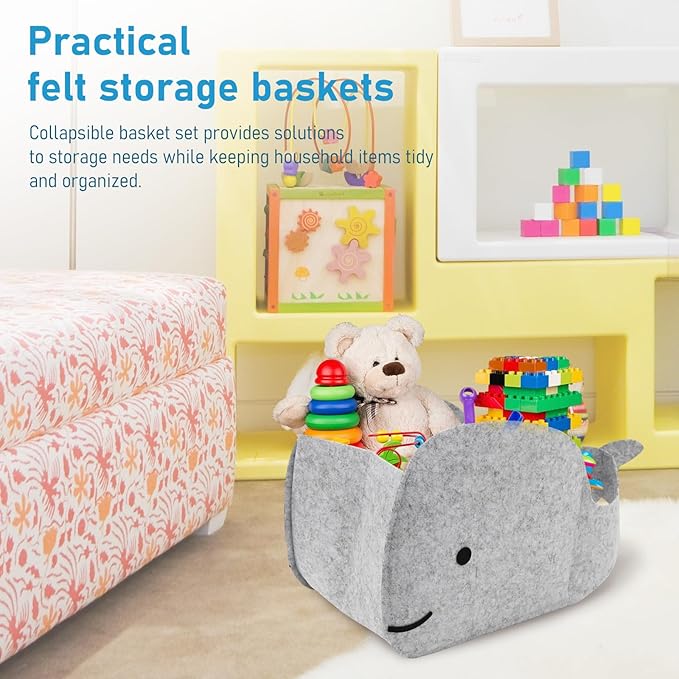 Storage Basket Felt Storage Bin Whale Shaped Collapsible & Convenient Box Organizer with Carry Handles for Home Bedroom Closet Babies Nursery Toys (Large)