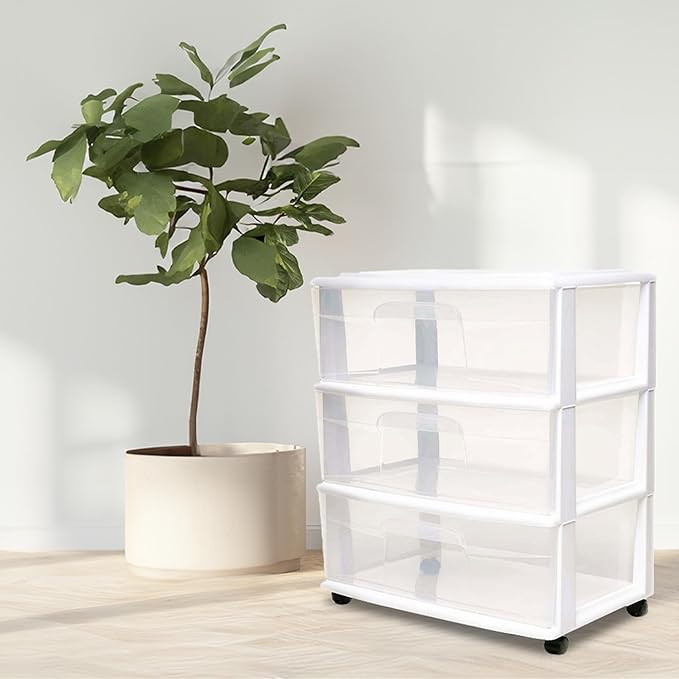 HOMZ Drawer Tower, 3-Tier Wide Rolling Storage Cart with Removable Wheels, White Frame – Plastic Organizer with Clear Bin Drawers for Bedroom, Bathroom, Home Office, and Dorm Room