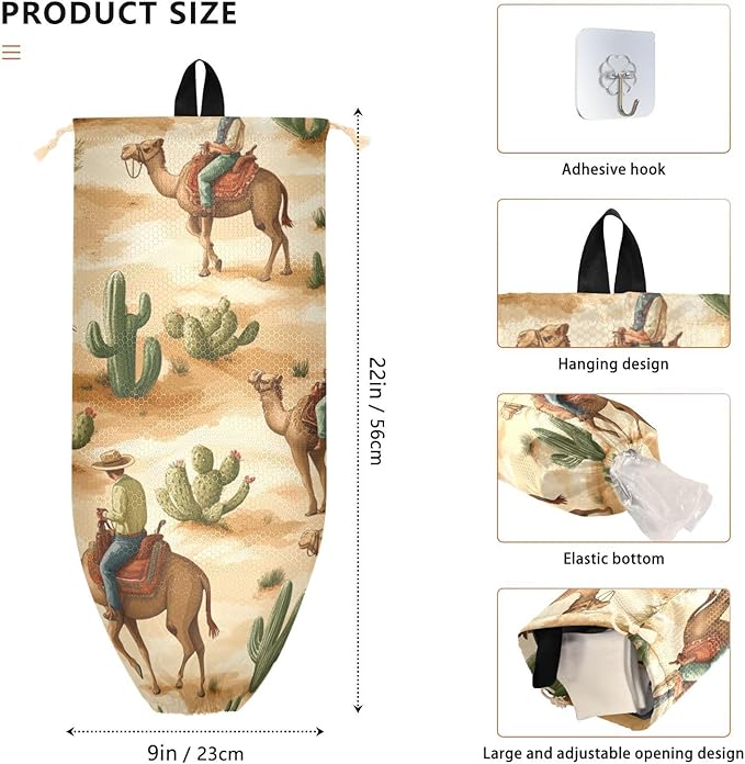 Plastic Bag Holder Wall Mount Grocery Bag Shopping Bag Storage Holder Organizer Dispenser with Adhesive Hook,for Kitchen Bathroom Home Decor 9x22 Inches Western Cowboys Camels Cacti39