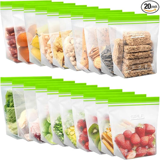 SPLF 20 Pack Reusable Half Gallon Freezer Bags Dishwasher Microwave Safe, 1/2 Gallon BPA Free Leakproof Food Storage Bags, Silicone Free Containers for Meal Prep, Fridge Kitchen Organization