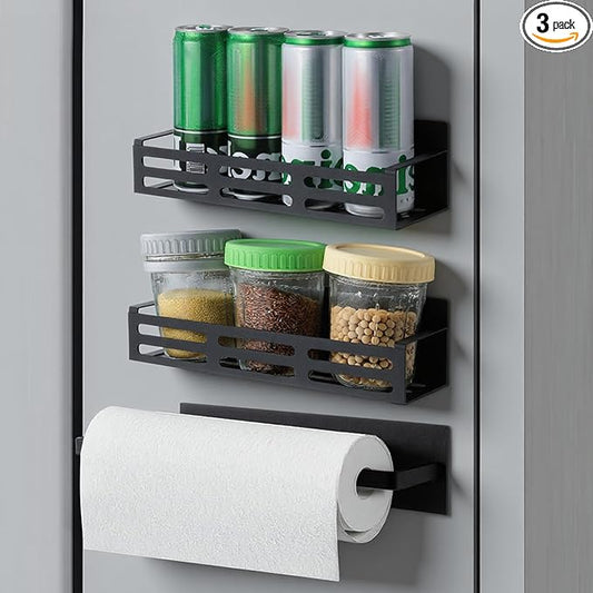 xozeooeu 3 Pack Magnetic Spice Rack for Refrigerator with Paper Towel Holder, Black Rustproof Fridge Organizer, Strong Magnetic Kitchen Storage Shelves