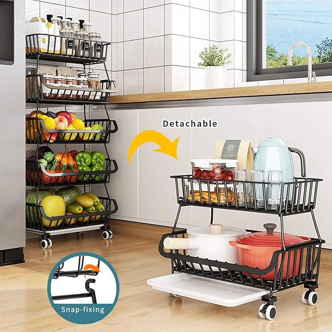 CarolynDesign Kitchen Storage Baskets Black Iron Wire Storage Bins with Wheels and Feet, Stackable Vegetable Storage Baskets (6-Tier Baskets)