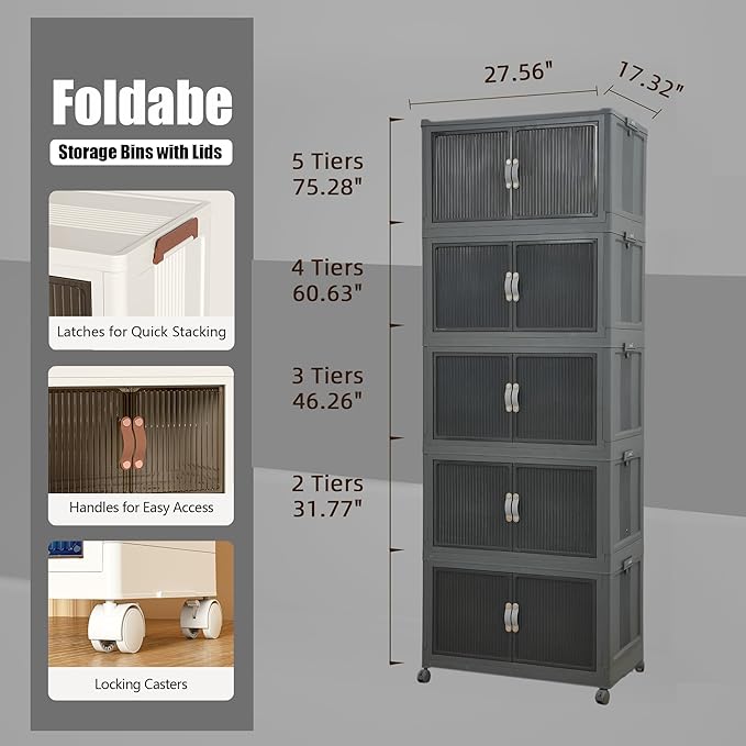 ONAIL 5 Tier Plastic Storage Bins and Boxes Organizer - 656Qt Collapsible Stackable with Lids, Extra Large Closet Organizer for Bedroom, Living Room, Office Organization - Foldable Cabinet Containers