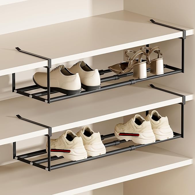 UFORU Expandable Hanging Shoe Rack Organizer for Closet, Adjustable Shoe Rack Under Cabinet Shelf, Versatile Under Shelf Storage for Kitchen, Book, Clothing Storage and Organization(Black,2PCS)