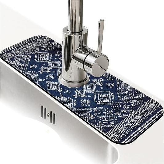 Kitchen Sink Splash Guard，Blue and White Tribal Faucet Mat Sink Gadgets-Super Absorbent Fast Drying Mat Drip Catcher for Kitchen, Bathroom,Sink Mat, Dish Drying Mat, Bathroom(15" X 5.5" )