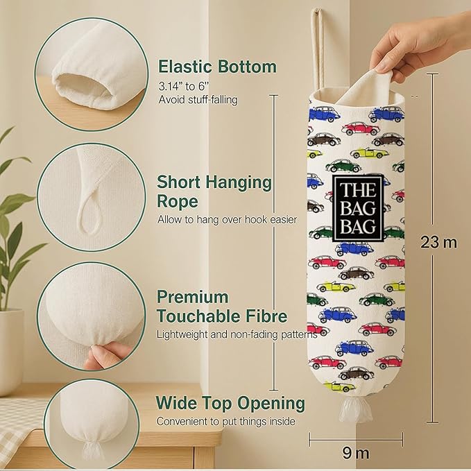 The Bag Bag Grocery Bags Holder, Colorful Car Pattern Grocery Bags Holder Organizer For Shopping Sack, Reusable Hanging Trash Sack Dispenser, Kitchen Gift For Women Family Friends
