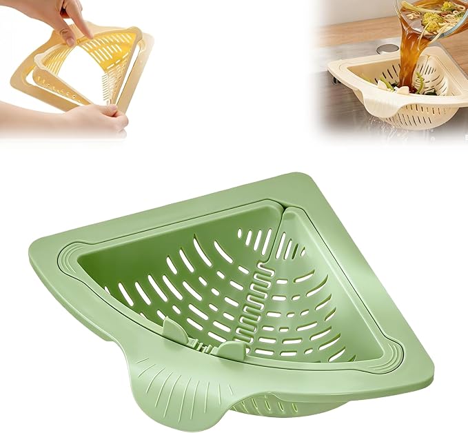 Magnetic Drainage & Filter Basket, Kitchen Corner Sink Strainer, Triangular Sink Strainer with Twist-Open Bottom, Kitchen Sink Corner Rack for Draining & Storage, Punch-Free Installation (GREEN)