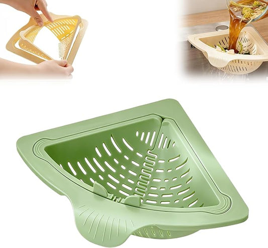 Magnetic Drainage & Filter Basket, Kitchen Corner Sink Strainer, Triangular Sink Strainer with Twist-Open Bottom, Kitchen Sink Corner Rack for Draining & Storage, Punch-Free Installation (GREEN)
