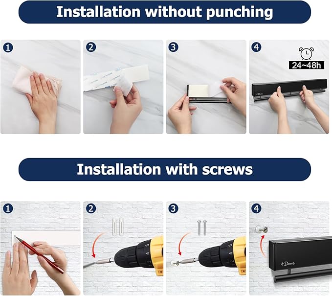 Dmore magnetic knife holder for wall—with 10 hooks, No Drilling 17 Inch black knife magnetic strip, Extra Strong Magnet knife rack, include Adhesive Tape and screws for Knives and Tools