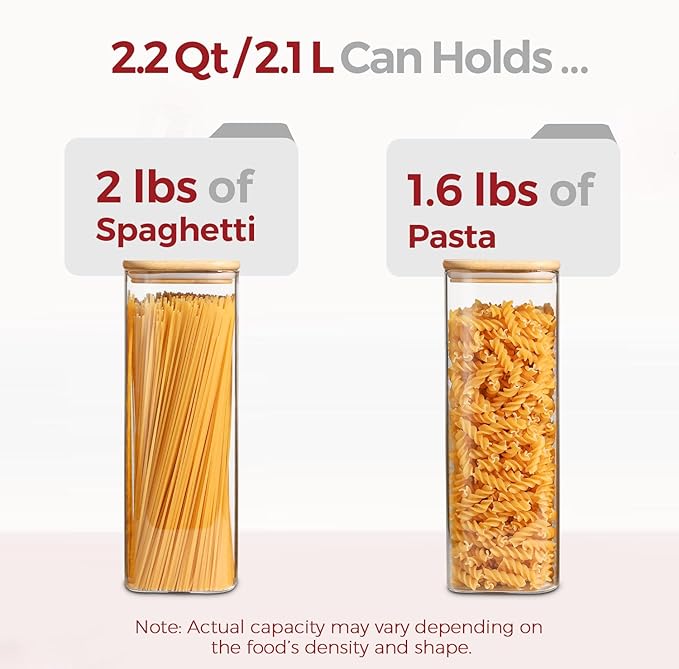 Rectangle Glass Storage Containers with Lids, Glass Jars with Bamboo Lids for Spaghetti, Pasta, Kitchen Pantry Storage Containers (2 pack 2.2qt)