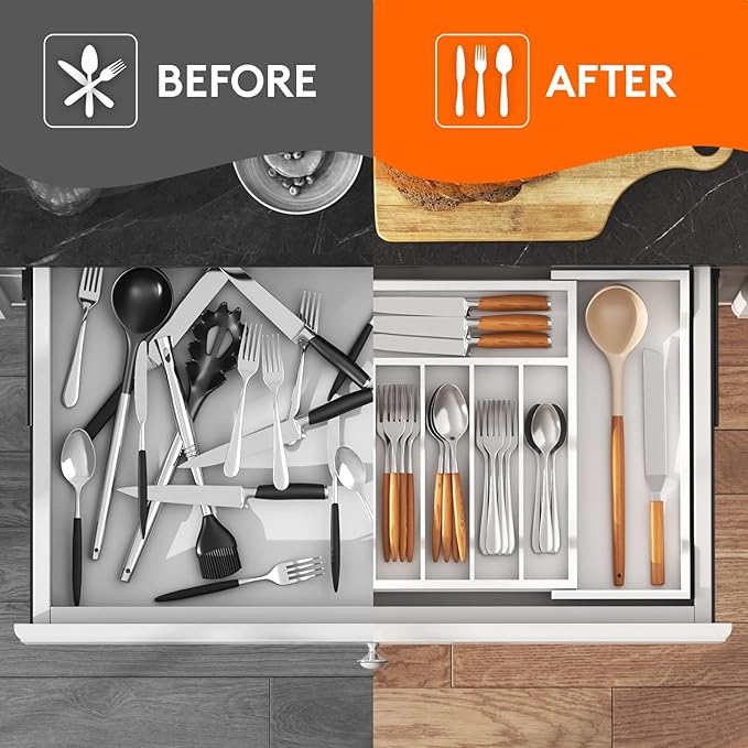 Lifewit Silverware Drawer Organizer, Expandable Utensil Tray for Kitchen, Bamboo Flatware and Cutlery Holder, Wood Adjustable Storage for Spoons Forks Knives, 13-22x15"/ 33 -56x38cm, White