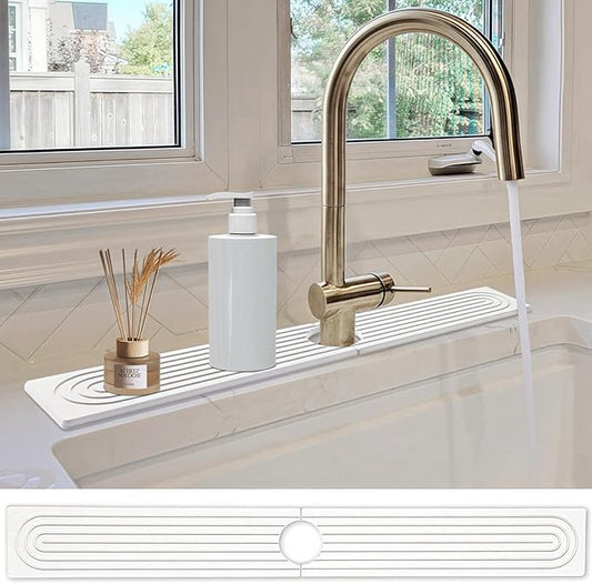 Stone Faucet Mat for Kitchen Sink- 23.6''x 3.9''Diatomite Fast-Drying Faucet Mat, Super Water Absorbing Stone Tray for Sink,Faucet Splash Guard for Bathroom Counter (White)