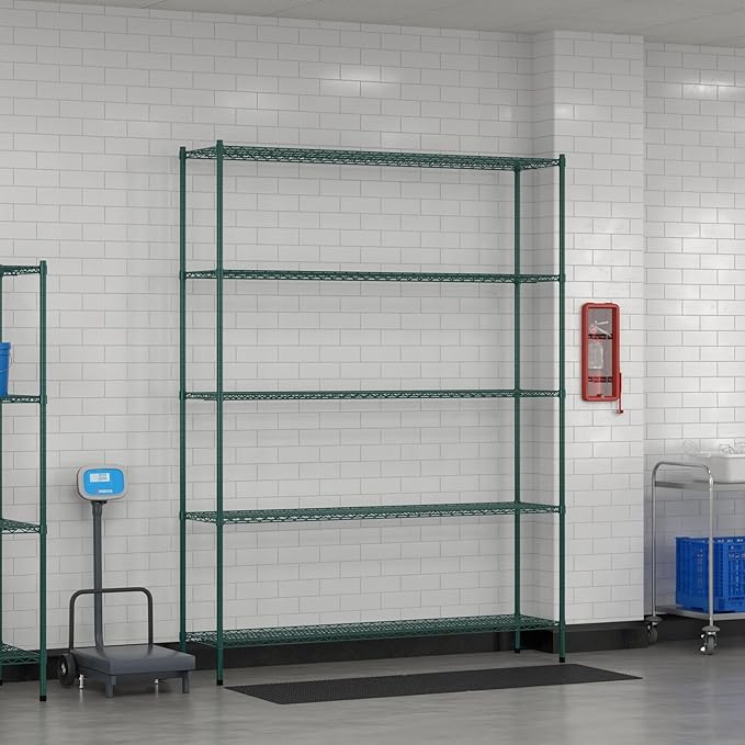 Commercial NSF Listed Green Epoxy Stationary Wire Shelving Kit 18" x 72" x 96", with 5 Shelves Perfect for Warehouse, Walk-in Refrigerator, Freezer, Grocery Store, Restaurant, Dishroom