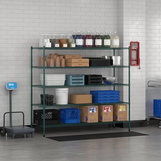 Commercial NSF Listed Green Epoxy Stationary Wire Shelving Kit 24" x 72" x 64", with 5 Shelves Perfect for Warehouse, Walk-in Refrigerator, Freezer, Grocery Store, Restaurant, Dishroom