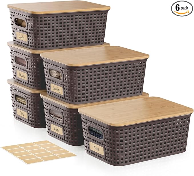 Plastic Storage Bins with Bamboo Lid - Pantry Storage Baskets with Lid - Stackable Container with Lable for Organizing: Small Storage Box for Shelves Office Cabinet Drawer Closet 9x7x4 In - White 6Pcs