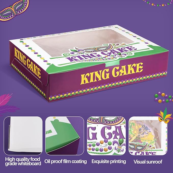 Ctosree 24 Pcs Mardi Gras King Cake Boxes with Window 14 x 10 x 3 Inches Cake Box Rectangle Cake Box Masquerade Party Goodie Gable Boxes for Mardi Gras Cake Decorating Supplies (Square Skylight)