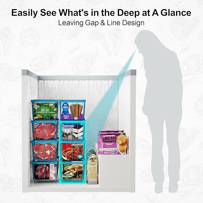 iSPECLE Deep Freezer Organizer Bins, 6 Pack Stackable Wire Baskets for 7 Cu.Ft Chest Freezers, Metal Food Storage Handles for Meat and Vegetables, Metal Handles for Sorting Frozen Food, Blue