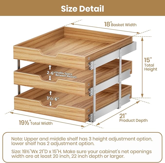 ROOMTEC 3 Tier Pull Out Cabinet Organizer, Heavy-Duty Pull Out Drawer, Slide Out Wood Shelf for Cabinets, Base Cabinet Organization for Pantry, Bathroom (19½"Wx21 D)