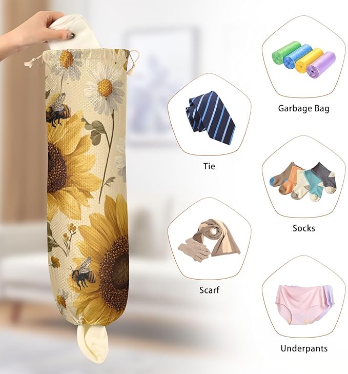 Plastic Bag Holder Wall Mount Grocery Bag Shopping Bag Storage Holder Organizer Dispenser with Adhesive Hook,for Kitchen Bathroom Home Decor 9x22 Inches Beige Sunflowers and Daisy Bees10