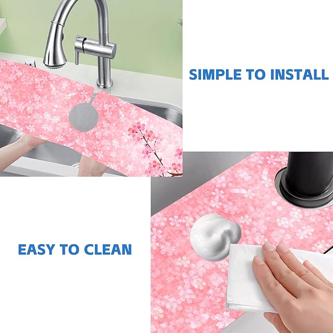 Spring Cherry Blossom Kitchen Sink Splash Guard Absorbent Fast Drying Mat Faucet Draining Guard Behind Faucet Drip Catcher for Kitchen Bathroom 5.5"24
