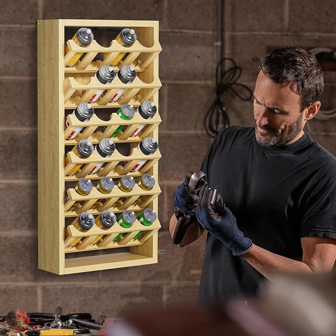 24 Can Spray Paint or Lube Can Storage Holder Rack,Wall Mount 6-tier Aerosol Spray Paint Bottle Wooden Organizer for Garage and Home Craft Workspace 14.2" (L) x 5" (W) x 30" (H)
